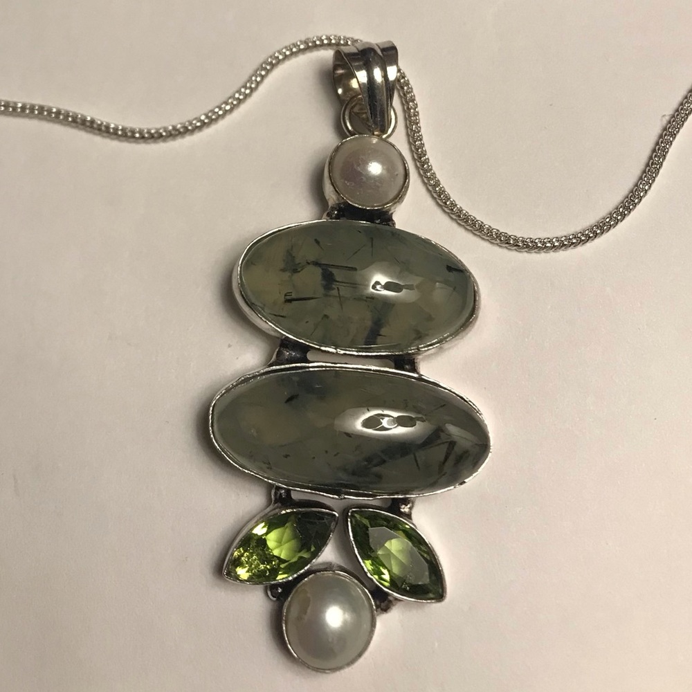 Prehnite Peridot Pearl Rose Quartz Stamped 925 Sterling Silver Necklace